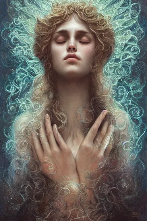 Prompt: wizard listening to godly music, closed eyes, highly detailed, expressive eyes, beautiful, perfect proportions, highly intricate, art by tom bagshaw and alex gray