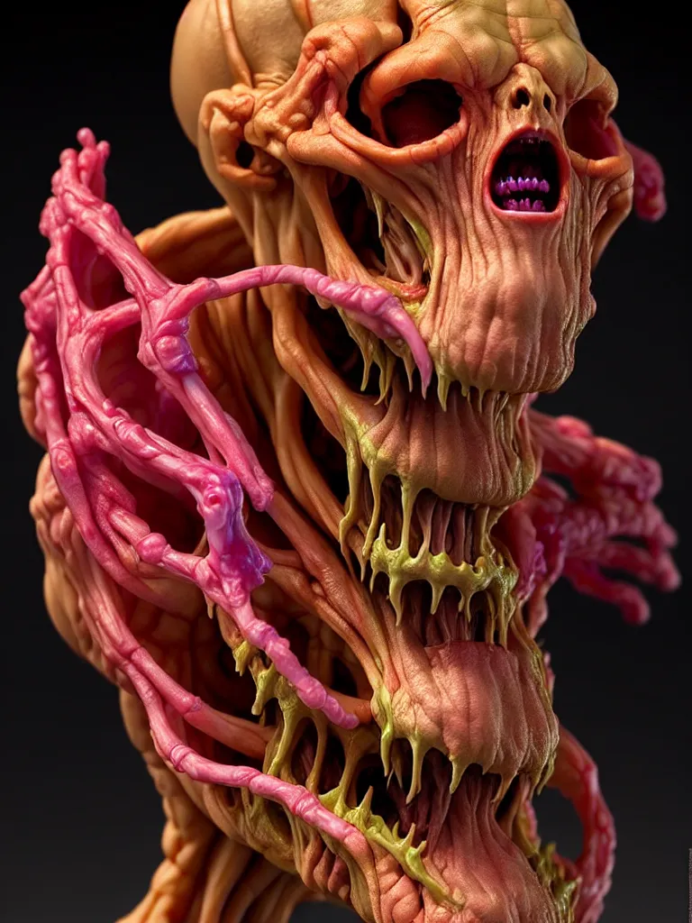 Image similar to hyperrealistic rendering, fat smooth cronenberg flesh monster skeletor by donato giancola and greg rutkowski and wayne barlow and zdzisław beksinski, product photography, action figure, sofubi, studio lighting, colored gels