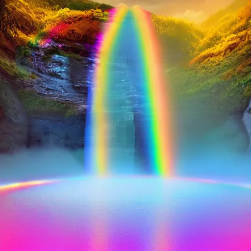 Image similar to Rainbow disco smokey portals to beautiful waterfall dimension, artstation, highly detailed 8k