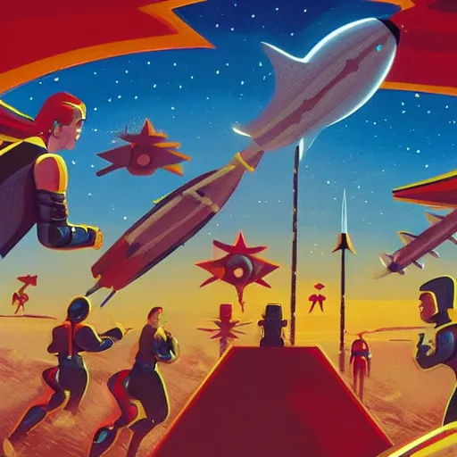 Image similar to a group of people watch a rocket launch on a distant planet, retro, flash gordon, sci fi, comic book cover, artstation, concept art, smooth, sharp focus, illustration,