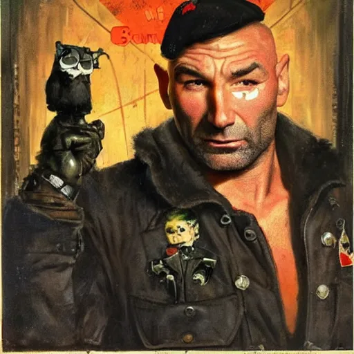 Image similar to dave bautista as sapper morton from blade runner is very proud of his tiny spectacles and boasts about them to a witch, painted by norman rockwell and tom lovell and frank schoonover