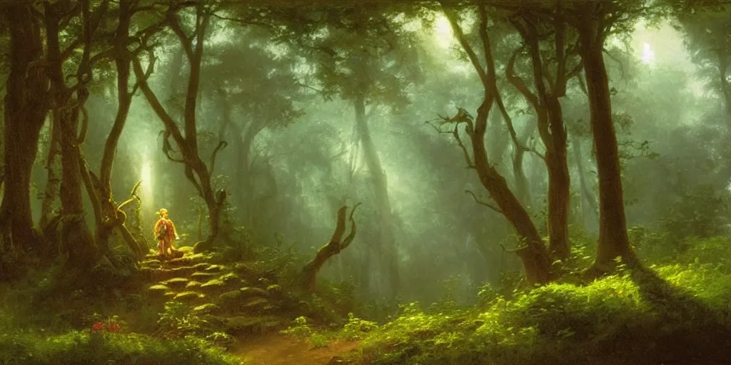 Prompt: close up of young link with orb of light entering an old!!! forest temple!!! full of green trees and plants, under a gray foggy sky, oil painting by albert bierstadt, legend of zelda