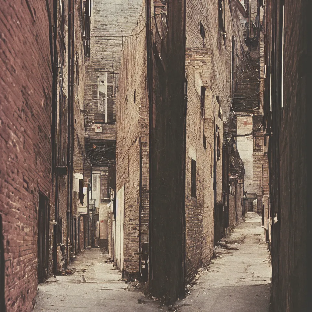 Prompt: photograph of a back alley 1970s. kodak portra film.