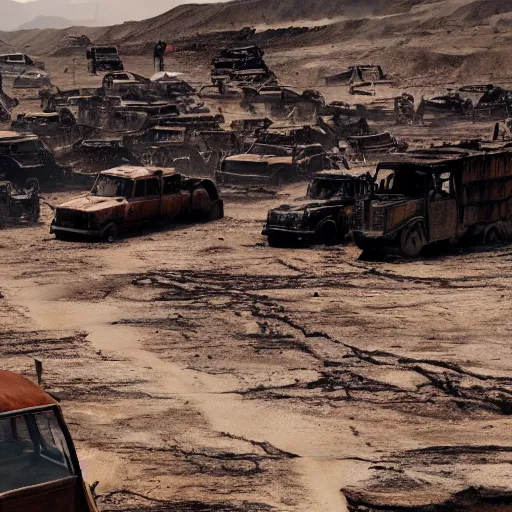 Image similar to city, dried up river, fire, boats in mad max fury road style, riding on the dried up river