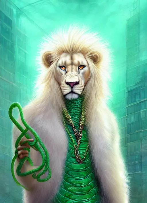 Image similar to aesthetic portrait commission of a of a male fully furry muscular anthro albino lion with a tail and a beautiful attractive hyperdetailed face with a pet green snake curling around his neck, wearing stylish and creative wearing mint outfit made out of silk in a sci-fi dystopian city at golden hour while it storms in the background. Character design by charlie bowater, ross tran, artgerm, and makoto shinkai, detailed, inked, western comic book art, 2021 award winning film poster painting