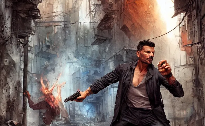 Prompt: frank grillo is an undercover private detective in an arabian alleyway, action pose, widescreen cinematic, highly detailed, digital painting, nightmare, trending on artstation, concept art, sharp focus, art by artgerm, magali villeneuve, tom bagshaw, greg rutkowski, carne griffiths, ayami kojima, beksinski,