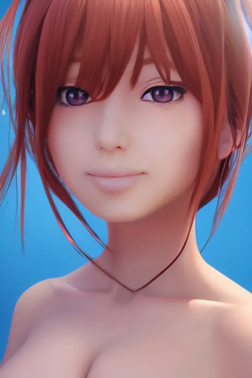 Image similar to photorealistic 3 d render of of an impossibly curvy anime girl featured on pixiv, booru, exaggerated proportions, high resolution digital art, 4 k, beautiful symmetric face, subsurface scattering, volumetric lighting, realistic skin texture