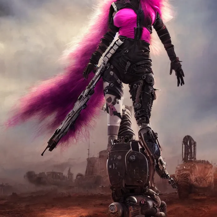Image similar to beautiful apocalyptic woman with pink Mohawk, standing on mad max panzer tank, 4k ultra hd, fantasy dark art, tank girl, artgerm, artstation, octane render, elegant, detailed digital painting