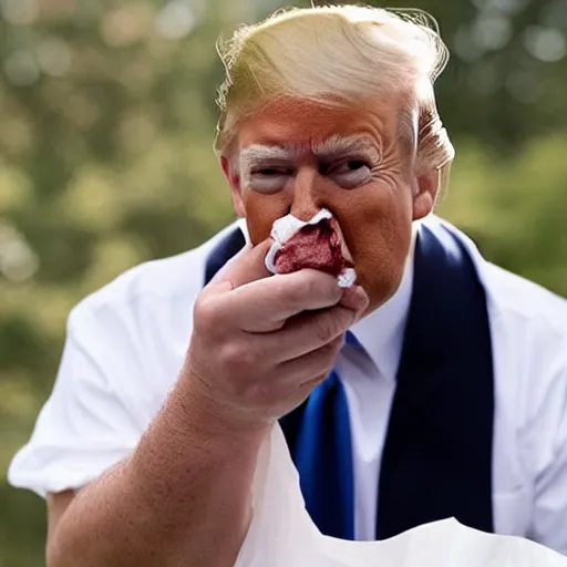Image similar to candid portrait photo of president trump shoving a crumpled up wad of paper into his mouth