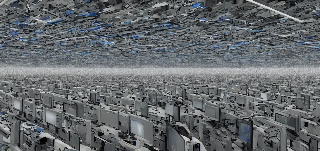 Image similar to computer nerd lab mice in a giant server farm, being watched by mega-rich capitalist overlords