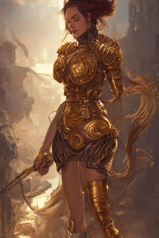 Image similar to portrait knights of Zodiac girl, golden and copper reflected armor, in ruined Agora of Athens, ssci-fi, fantasy, intricate, very very beautiful, elegant, highly detailed, digital painting, artstation, concept art, smooth, sharp focus, illustration, art by tian zi and WLOP and alphonse mucha