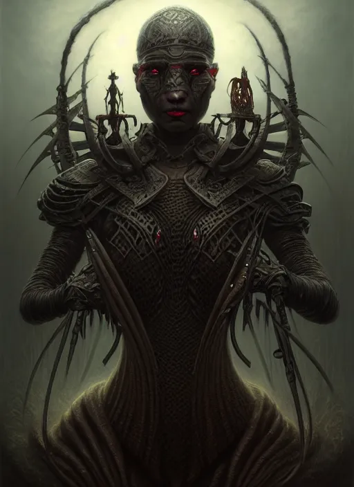 Image similar to portrait shot of dark evil warrior in a scenic dystopian environment, intricate, elegant, highly detailed, centered, digital painting, artstation, concept art, smooth, sharp focus, illustration, artgerm, tomasz alen kopera, peter mohrbacher, donato giancola, joseph christian leyendecker, wlop, boris vallejo