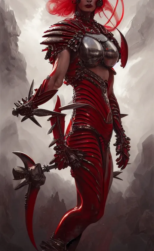 Image similar to Gothic crustacean muscular warrior queen in red and white chitin armor of thick steel plates, fantasy, highly detailed, digital painting, artstation, concept art, smooth, sharp focus, illustration, art by artgerm and greg rutkowski and alphonse mucha