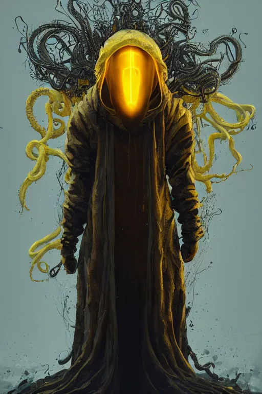 Prompt: A full body portrait of a mysterious character with no face with a very long hooded yellow cloak, a golden crown floating above his head tentacles coming out the ground art by Maciej Kuciara, Lee Griggs and Jason Chan, ominous, cosmic horror, trending on artstation, Ultra detailed, hyper realistic 4k