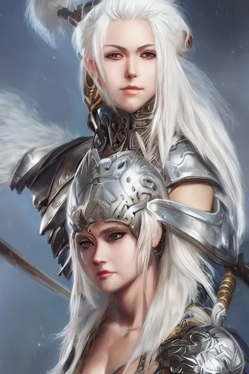 Image similar to A realistic anime portrait of a white haired female barbarian wearing an intricate armor, digital painting, by Stanley Artgerm Lau, Sakimichan, WLOP and Rossdraws, digtial painting, trending on ArtStation, SFW version