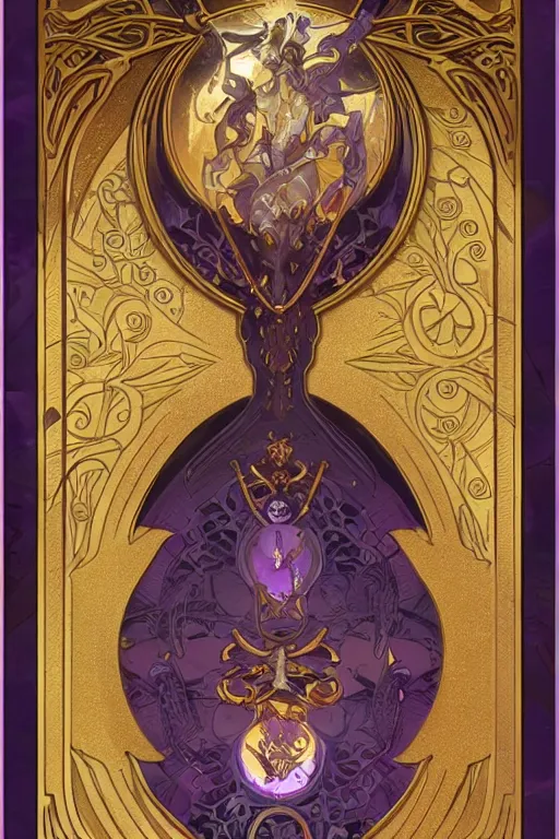 Prompt: Boardgame card, with ornamental edges, sharp, symmetrical, Lovecraftian, purple, gold, black and blue, tzeentch, by greg rutkowski and alphonse mucha, 8k, trending on artstation