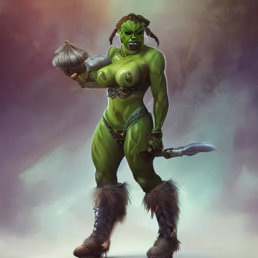 Image similar to a full bodied character portrait of a buff green orc warrior woman in full plate armor bald with a ponytail, by astri lohne, trending on artstation