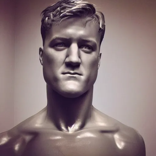 Image similar to “a realistic detailed photo of a guy who is an attractive humanoid who is half robot and half humanoid, who is a male android, football player JJ Watt, shiny skin, posing like a statue, blank stare”