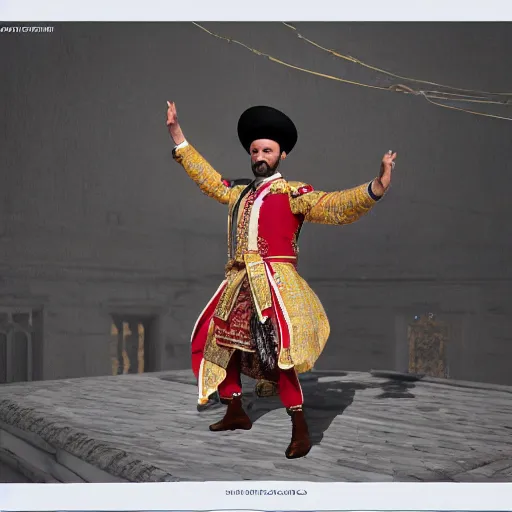 Image similar to cossack dancing on the turban of an ottoman sultan, realism, 4 k, octane render, award winning photograph