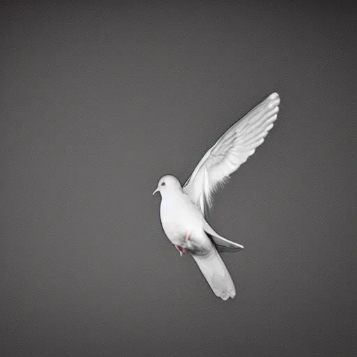 Image similar to a realistic photo of a dove flying in a completely black room, 8k, film grain, highly detailed