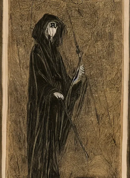 Image similar to photographic image of death dressed in black and with a scythe