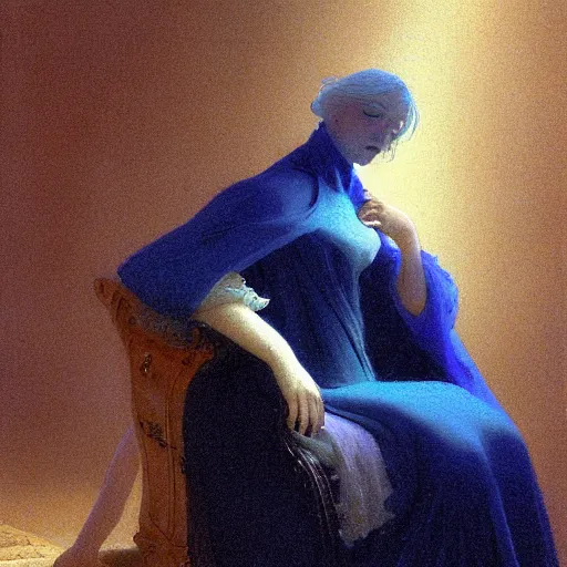 Image similar to a young woman's face, her hair is white and she wears an indigo blue satin cloak, by ivan aivazovsky and syd mead and moebius and gaston bussiere and roger dean and pieter claesz and paul delaroche and alma tadema and aelbert cuyp and willam claesz, hyperrealistic, volumetric light, octane render