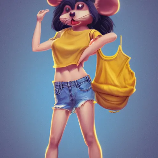 Image similar to anthropomorphic mouse wearing denim short shorts and yellow tank top, highly detailed, artgerm style, artstation, soft light, sharp focus, illustration, character design, concept art