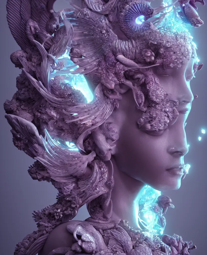 Image similar to goddess sculpture close-up portrait. orchid bird phoenix head, nautilus, skull, betta fish, bioluminiscent creatures, intricate artwork by Tooth Wu and wlop and beeple. octane render, trending on artstation, greg rutkowski very coherent symmetrical artwork. cinematic, hyper realism, high detail, octane render, 8k