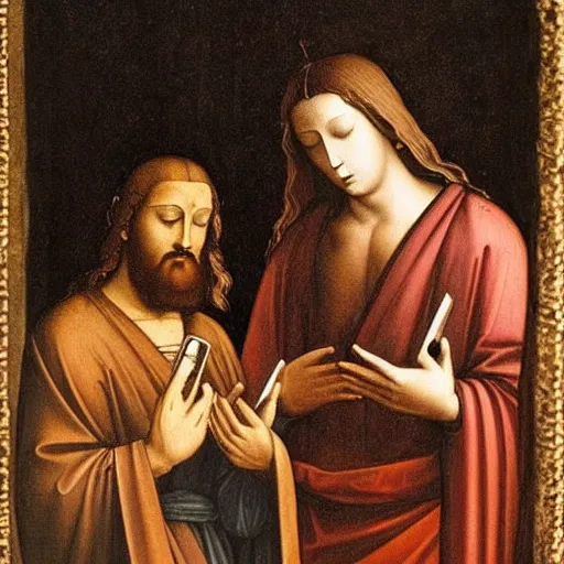 Prompt: jesus and Buddha using iPhones, painting by Leonardo Da Vinci