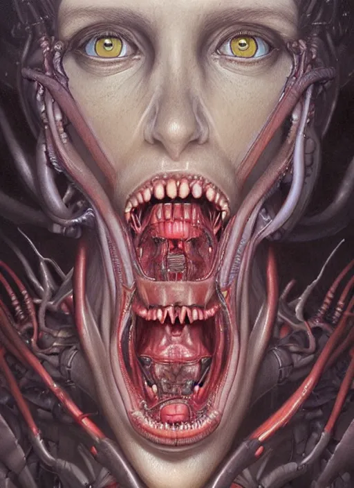 Image similar to a hyper detailed face portrait of ellen ripley transforming into xenomorph, by tom bagshaw, by zdzisław beksinski, trending on artstation