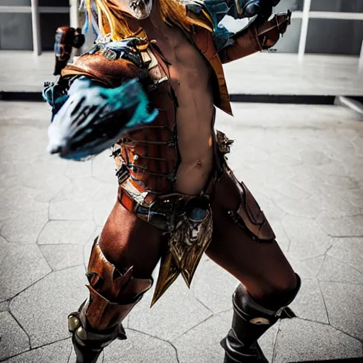 Image similar to cosplayer wearing cosplay based on a combination of he man and skelletor. photography, photo real. photoshoot. full body. action pose. hyper realistic.