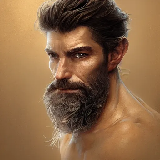 Image similar to portrait of a ruggedly handsome cleric, soft hair, muscular, half body, leather, hairy, d & d, fantasy, intricate, elegant, highly detailed, digital painting, artstation, concept art, smooth, sharp focus, illustration, art by artgerm and greg rutkowski and alphonse mucha