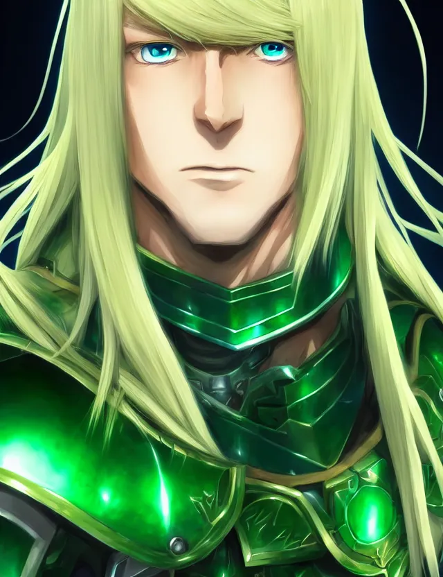 Image similar to an excellent anime portrait of a long haired blonde man with blue eyes in green armour glowing with green energy, trending on artstation, digital art, 4 k resolution, detailed, high quality, sharp focus, hq artwork, coherent, insane detail, character portrait, body portrait