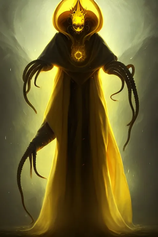 Image similar to A full body portrait of a mysterious character with no face with a very long hooded yellow cloak, a golden crown floating above his head tentacles coming out the ground art by James Paick, and Shaddy Safadi, ominous, cosmic horror, trending on artstation, Ultra detailed, hyper realistic 4k