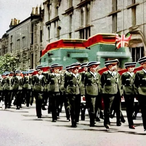 Image similar to The British armed forces parade in the magical mystery tour bus news footage