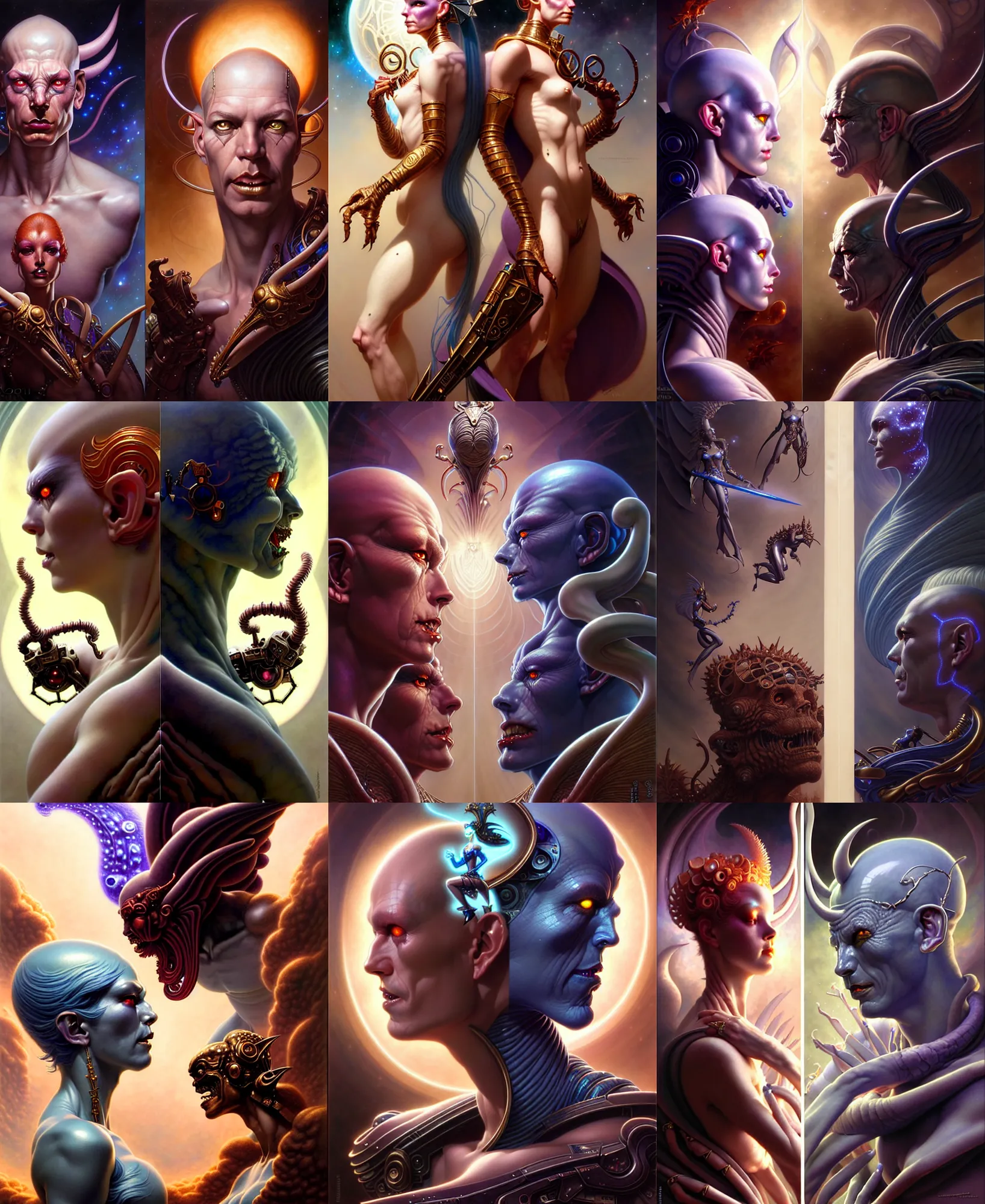 Image similar to beautiful gemini good and evil fantasy character portrait, ultra realistic, wide angle, intricate details, the fifth element artifacts, highly detailed by peter mohrbacher, hajime sorayama, wayne barlowe, boris vallejo, aaron horkey, gaston bussiere, craig mullins