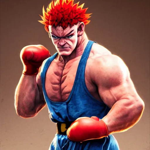 Prompt: david koechner as akuma street fighter, kicking, 4 k, ultra realistic, detailed focused art by artgerm and greg rutkowski and alphonse mucha