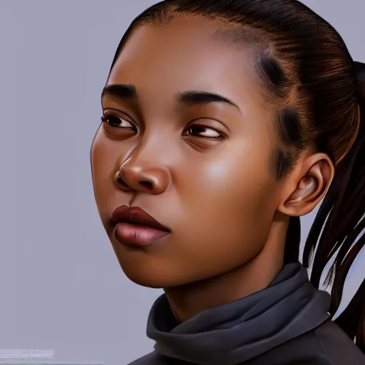 Image similar to a photorealistic hyperrealistic, bright brown eyes, light skinned african young girl, ponytail hair, flawless face, asian eyes, cute face, black turtle neck shirt, by wlop, artgerm, greg rutwoski, alphonse mucha, beautiful dynamic dramatic low - light moody lighting, cinematic atmosphere, artstation, concept design art, octane render, 8 k