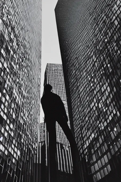 Prompt: view from below, man in reflective jacket closeup, night, the barbican behind, fashion photography, 3 5 mm photography, exposed b & w photography