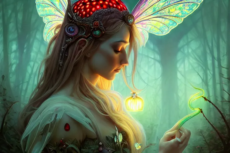 Image similar to stunningly beautiful female faerie priestess in amanita muscaria forest landscape, symmetrical wings on back, symmetrical detailed face, neon hair, fantasy art, dark light night, sharp focus, digital painting, 4 k, concept art, art by wlop, artgerm, greg rutkowski and alphonse mucha