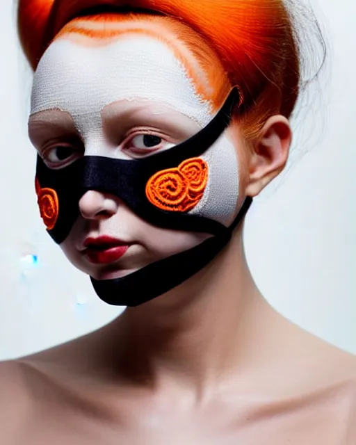 Prompt: symmetrical close - up portrait of a woman wearing a orange silicone embroidered beauty mask and hair buns, wearing a black bodysuit by alexander mcqueen, cream white background, soft light, biotechnology, humanoide robot, bjork aesthetic, translucent, by rineke dijkstra, intricate details, highly detailed, masterpiece,