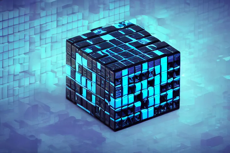 Prompt: a single Cyberpunk sci-fi intricate black and neon blue cube made of cubes no background 4K 3D render desktopography HD Wallpaper digital art