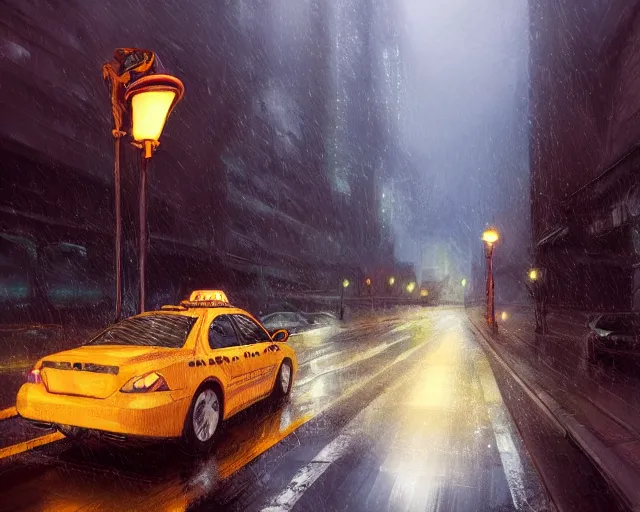 Image similar to a taxi cab driving down a rainy road, gaslight, street lamps. Anime, By Makoto Shinkai, Stanley Artgerm Lau, WLOP, Rossdraws, James Jean, Andrei Riabovitchev, Marc Simonetti, krenz cushart, Sakimichan, trending on ArtStation, digital art.