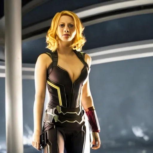 Image similar to Kaley Cuoco as Black Widow in Iron Man, movie screencap
