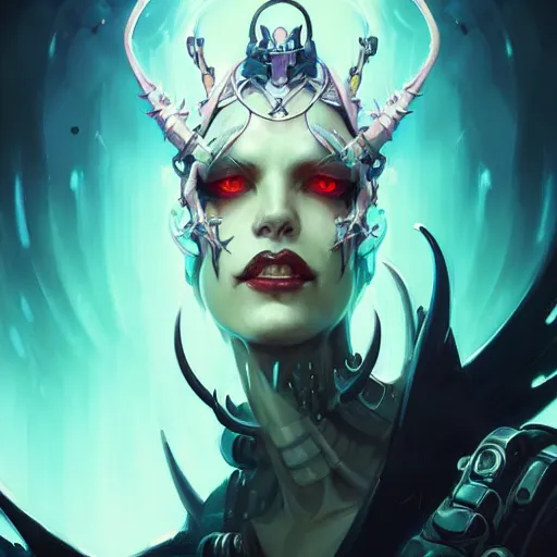 Image similar to a portrait of a beautiful demonic cybernetic queen of hell, cyberpunk concept art by pete mohrbacher and wlop and artgerm and josan gonzales, digital art, highly detailed, intricate, sci-fi, sharp focus, Trending on Artstation HQ, deviantart, unreal engine 5, 4K UHD image