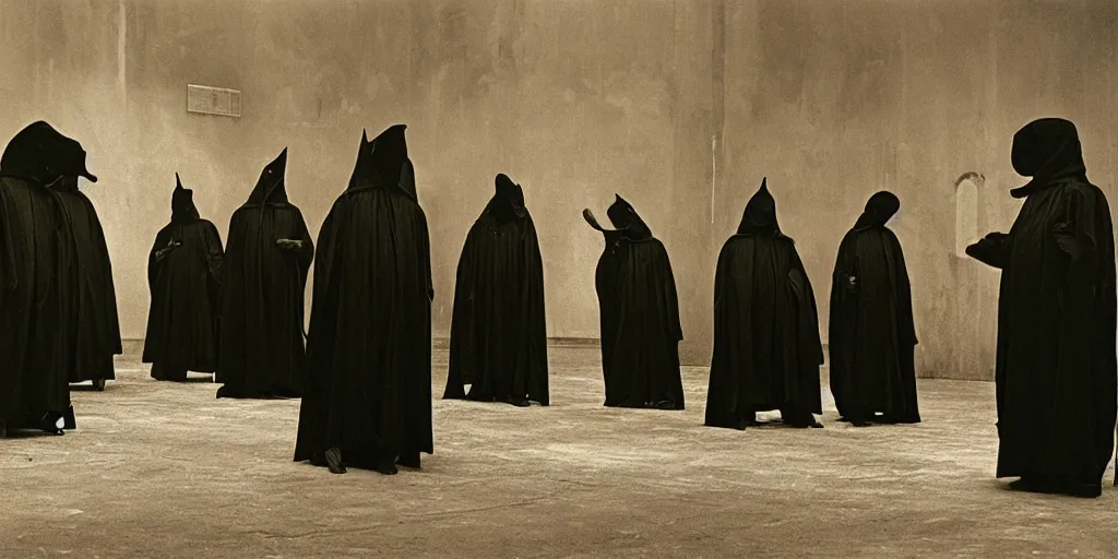 Prompt: black robed and hooded plague doctors in a circle calling forth satan, old film, 35mm film, found film, scary, ominous, frightening, ghastly, photorealistic, by bruce davidson, on hasselblaad