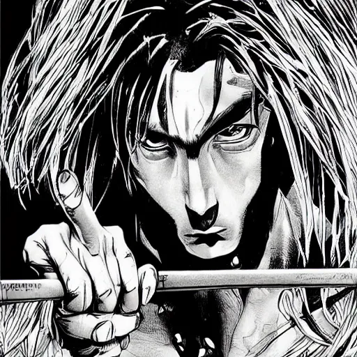 Prompt: pen and ink!!!! attractive 22 year old Gantz monochrome!!!! Frank Zappa x Daniel Radcliff highly detailed manga Vagabond!!!! telepathic floating magic swordsman!!!! glides through a beautiful!!!!!!! battlefield magic the gathering dramatic esoteric!!!!!! pen and ink!!!!! illustrated in high detail!!!!!!!! graphic novel!!!!!!!!! by Kim Jung Gi and Hiroya Oku!!!!!!!!! MTG!!! award winning!!!! full closeup portrait!!!!! action manga panel