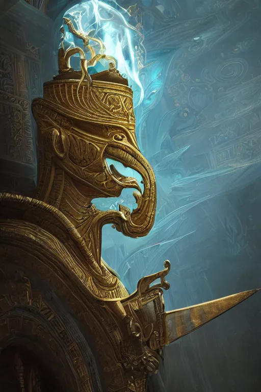 Image similar to fantasy greg rutkowski digital painting of an ornate and royal egyptian old twisted organic ornate engraved with gold wooden staff weapon with a radiant blue crystal on top tip hovering, unreal engine, hyper realism, realistic shading, cinematic composition, blender render, octane render, hdr, detailed textures, photorealistic, 3 5 mm film