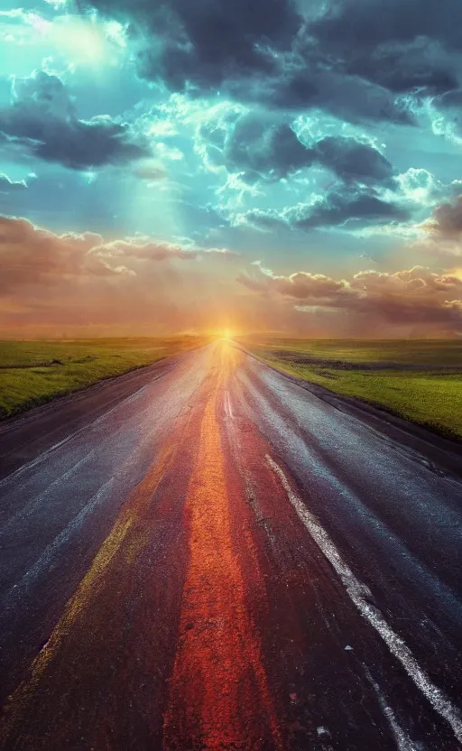 Image similar to paperback book cover. 2 0 2 0 s. pure colors, melting clouds, accurately drawn details, a sunburst above a receding road with the light reflected in furrows and ruts, after rain. photorealistic. octane render. cinematic. trending on artstation. textless.