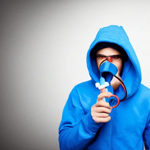 Prompt: a man wearing a hoodie, using a groan tube as a snorkel, whilst holding a blue inhaler, high detail, 4 k